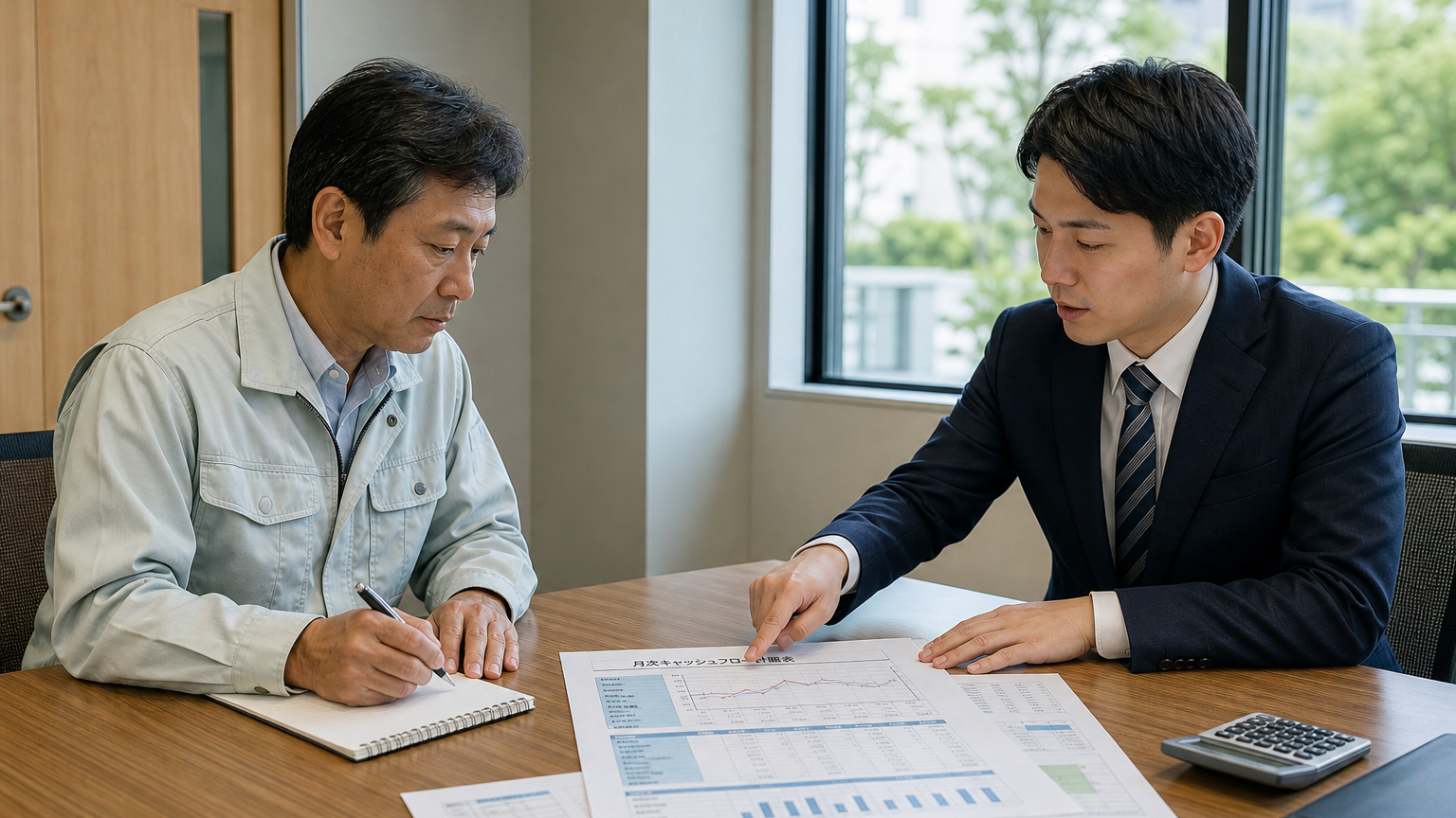 銀行担当者と資金繰り表を確認する経営者